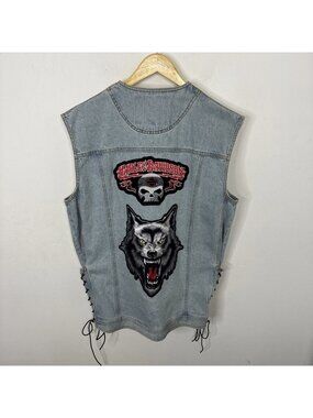 Diamond Plate Men XL Harley Motorcycle Denim Vest Wolf Skull Patches